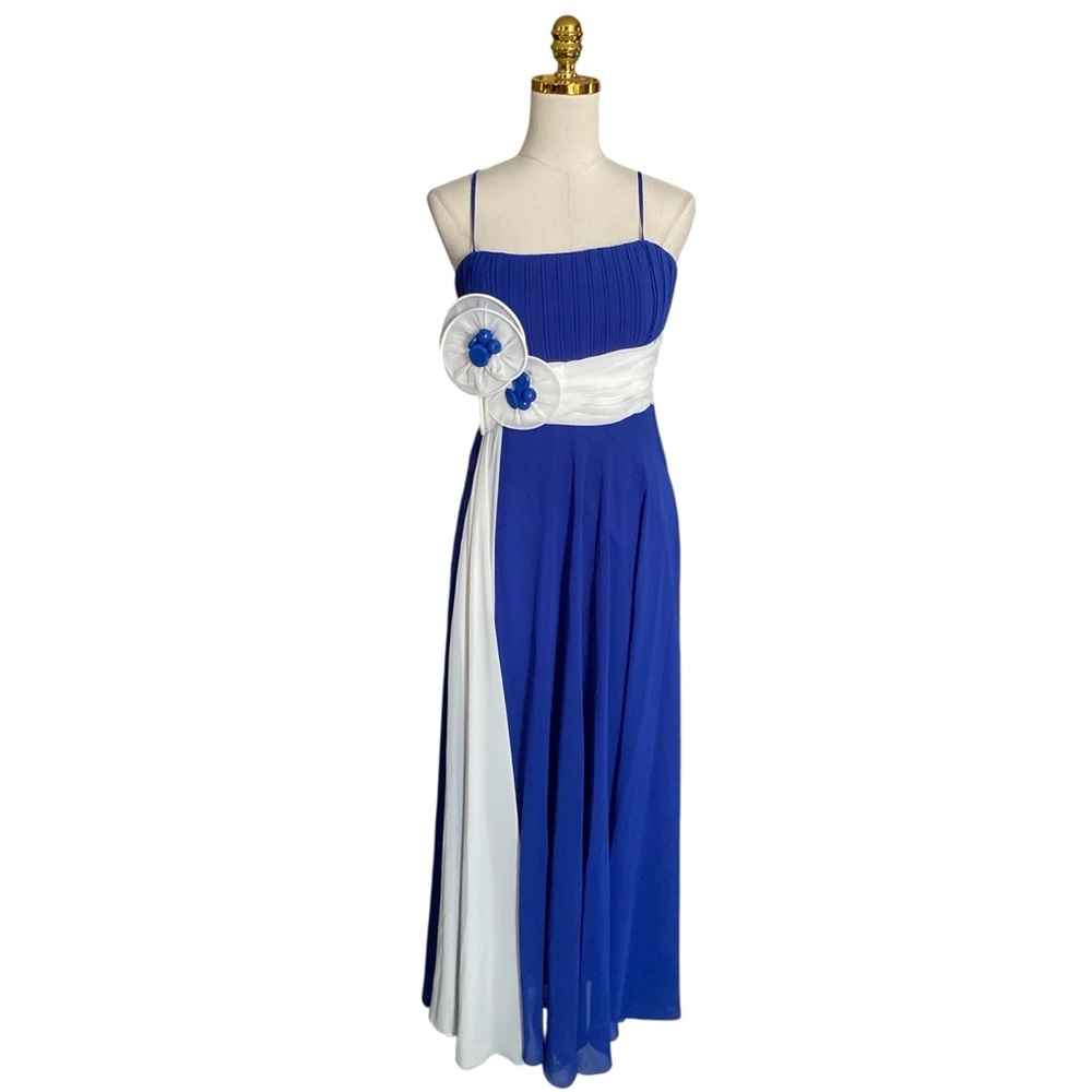 Vintage Women Sleeveless Formal Royal Blue & White Evening Prom HOCO Gown Sz 10